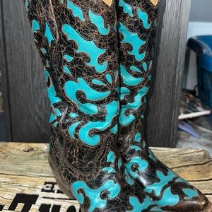 Corral Blue and Brown Heeled Boots with Intricate Design